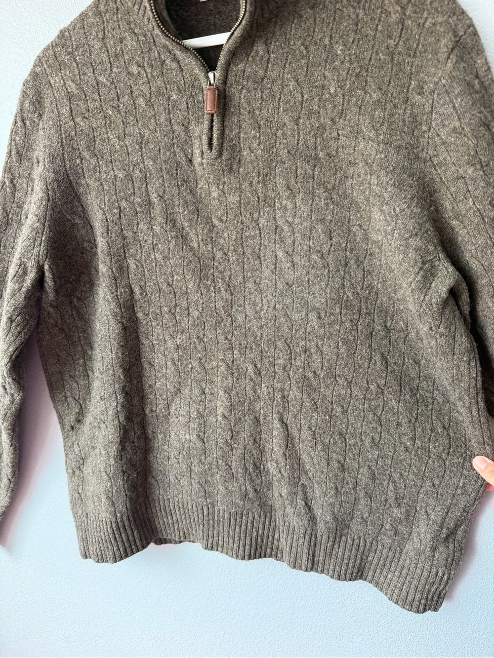 J Crew brown grey cable knit quarter zip 100% wool pullover sweater Men’s sz XL